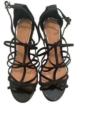 BADGLEY MISCHKA JEWEL BLACK GLITTER STRAPPY PLATFORM HEEL SIZE 7